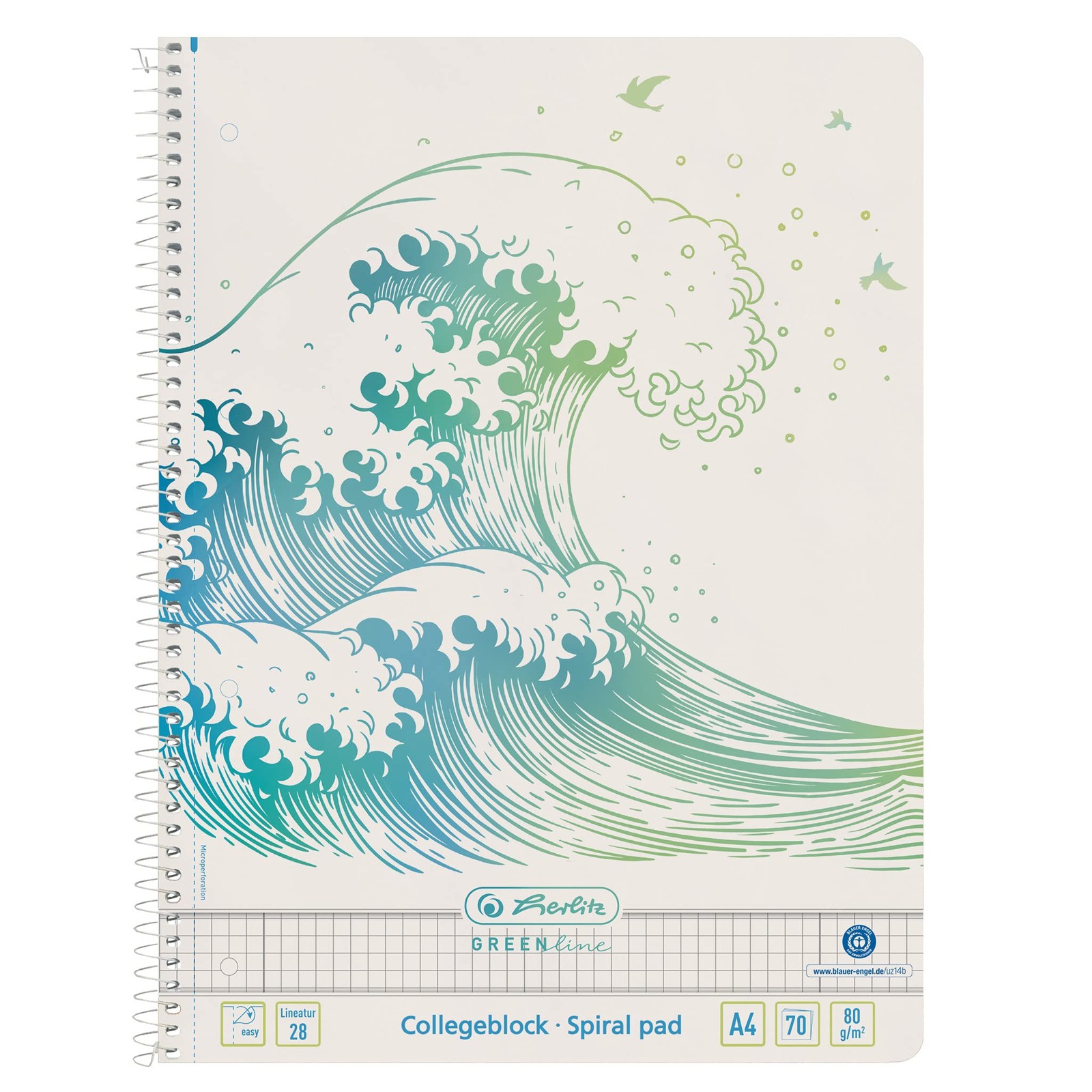 Herlitz Greenline A4 Spiral Notebook 70 Sheets Lined 28 Wave Eco-Friendly