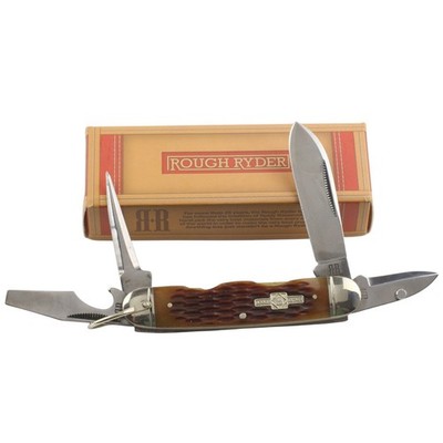 Rough Ryder Amber Jigged Handle Camp Scout Pocket Knife RR533 Can Opener Pick