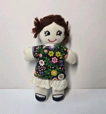 Vintage Handmade Ebroidered Cloth Doll Toy Cute Face Brown Hair