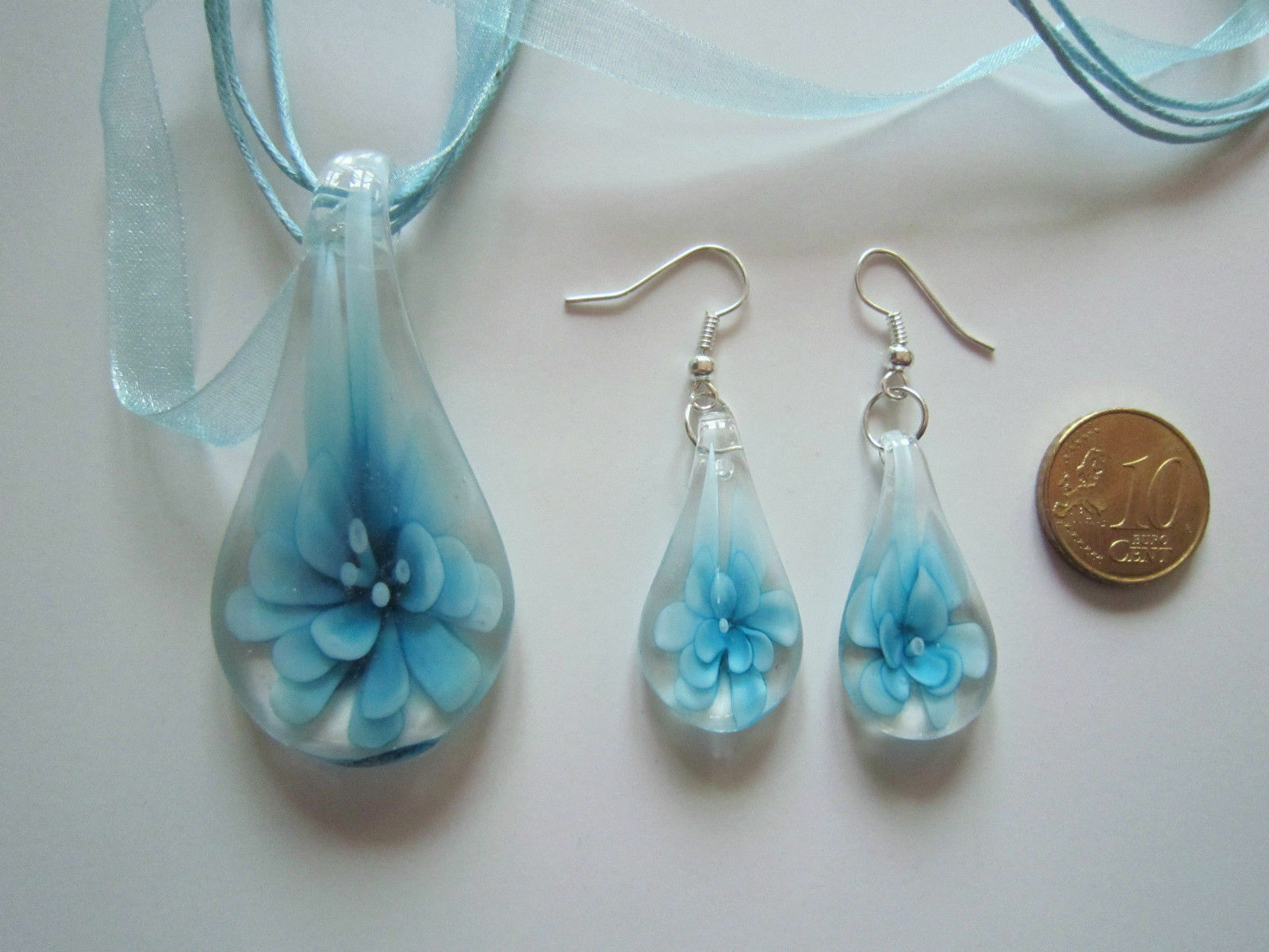 Colgante y pendientes cristal flor 3D azul collar algodón y organza bisutería