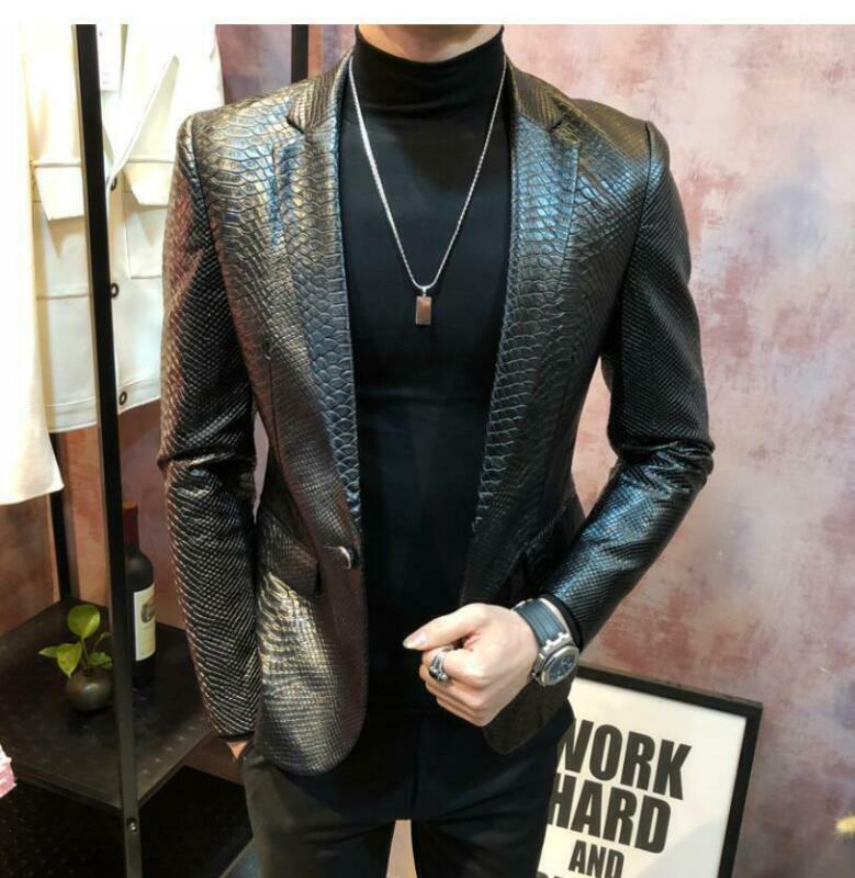 Mens Fashion Snake Pattern Slim Faux Leather Blazers One Button