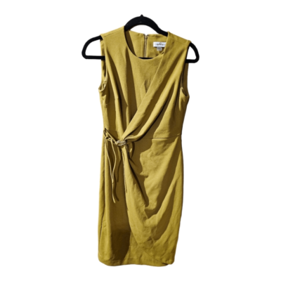 calvin klein mustard yellow dress CALVIN KLEIN SCUBA S/LESS SHEATH DRESS W/ RUFFLE COLLAR, OCHRE, Size 6 NWT