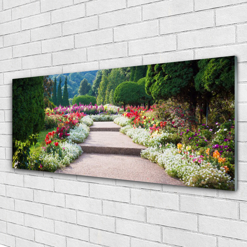 Impression sur verre paysage 125x50 cm grand format tableau nature escaliers de jardin fleuri