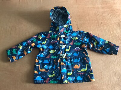 Jojo Maman BEBE Dinosaur Navy Blue Cotton Lined Stripes Raincoat Sz 2/3  years