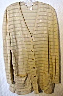 WOMENS DESIGNER ESCADA GOLD BEIGE CLEAR SEQUIN BLING WOVEN CARDIGAN SWEATER 44 L