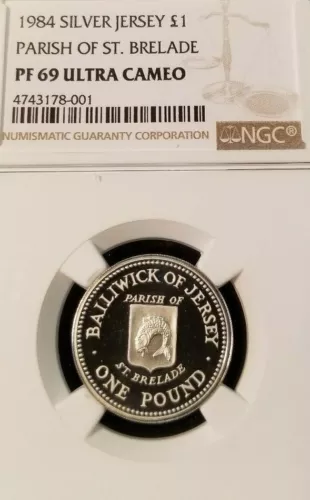 1984 JERSEY SILVER 1 POUND PARISH OF ST. BRELADE NGC PF 69 ULTRA CAMEO 