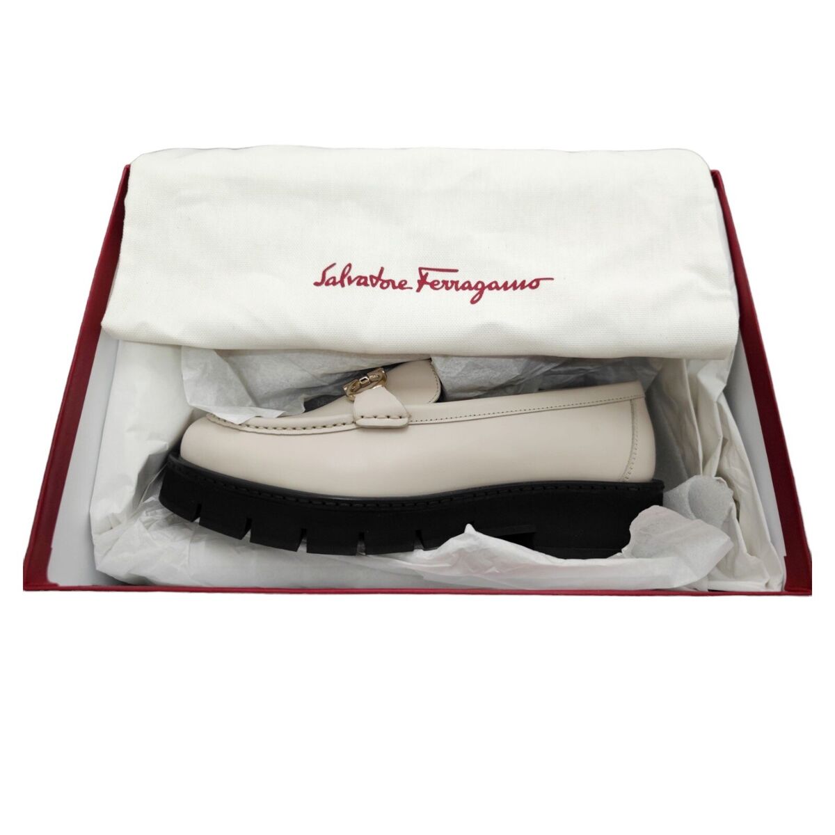 NEW SALVATORE FERRAGAMO Bone Leather Rolo Lug Loafers, Size NEW SALVATORE FERRAGAMO Bone Leather Rolo Lug Loafers, Size