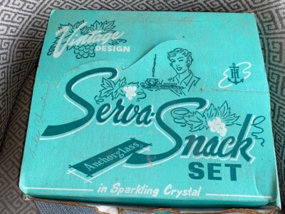 Vintage MCM Anchor Hocking 8 pc Serva-Snack Set Grape Design w/ Box