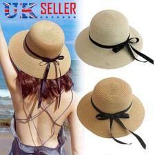 UK Floppy Foldable Ladies Women Straw Beach Sun Hat Summer Travel Wide Brim Cap