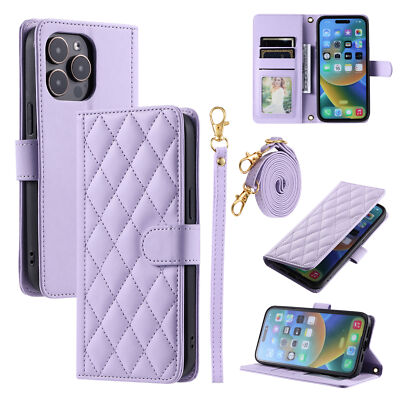 For iPhone 16 Pro Max 15 16 14 13 11 Magnetic Flip Wallet Crossbody Strap Case