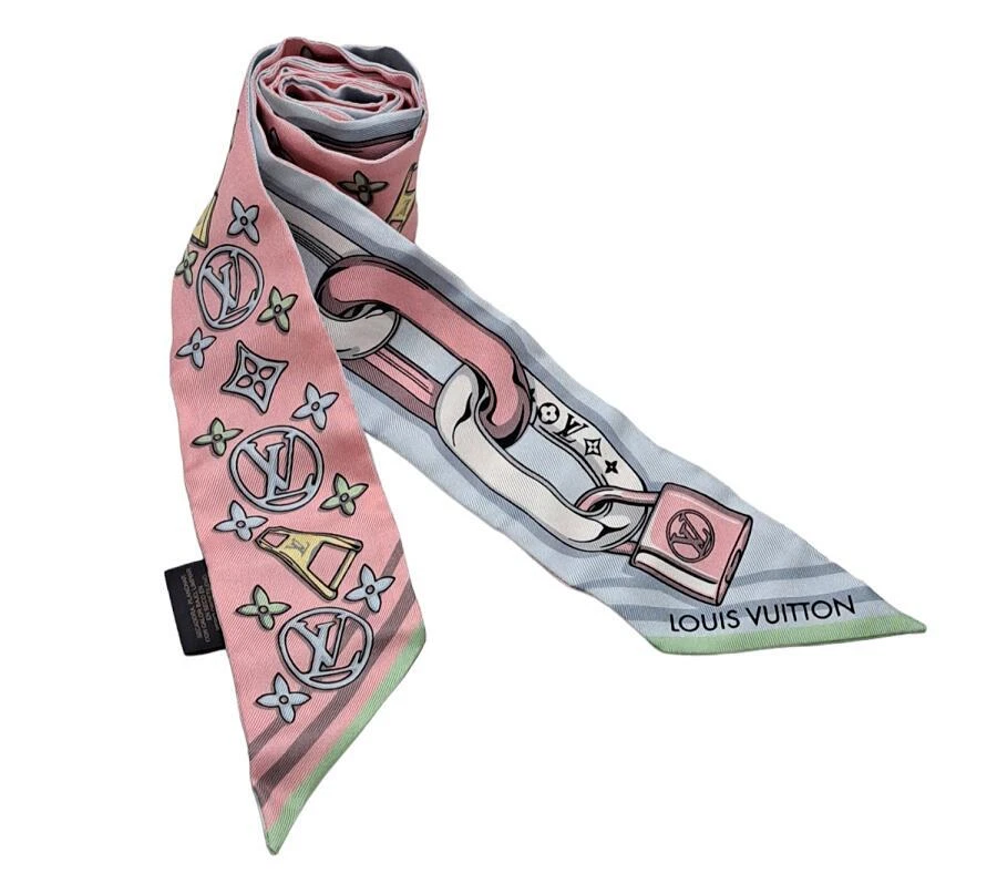 Auth LOUIS VUITTON Bandeau Scarf White/Pink/Multicolor Silk