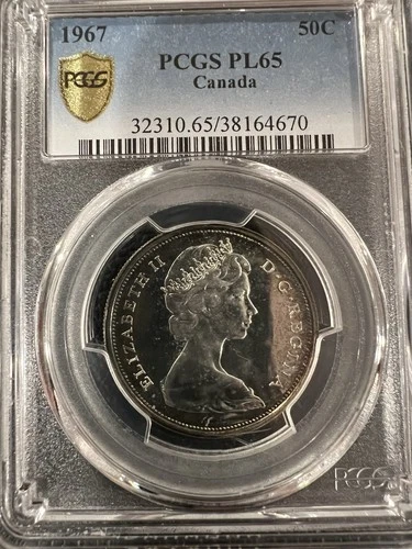Canada 50C 1967 Silver PCGS PL65 Wolf Reverse Centennial Coin