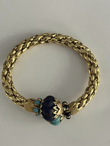 5766- Pulsera rígida oro amarillo turquesa lapislázuli - Imagen 2 de 4