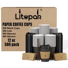 LITOPAK 500 Pack 12 Oz Disposable Coffee Cups, Black To Go Paper Coffee Cup