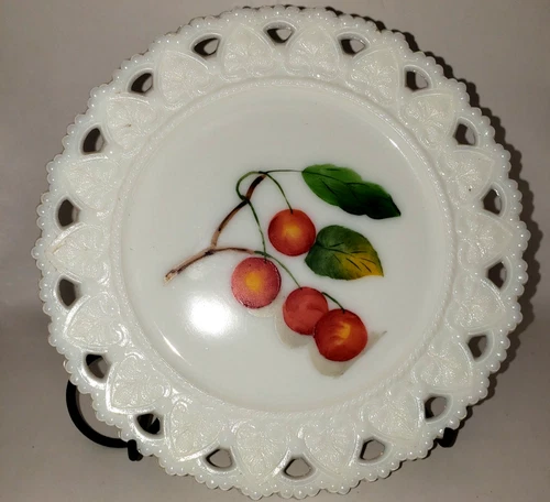 Vintage Kemple Lace Edge Milk Glass Plates with Hand Painted Fruit Cherry
