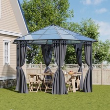 3.8m Hexagon Gazebo with Curtains & Polycarbonate Roof Outdoor Garden Pavilion