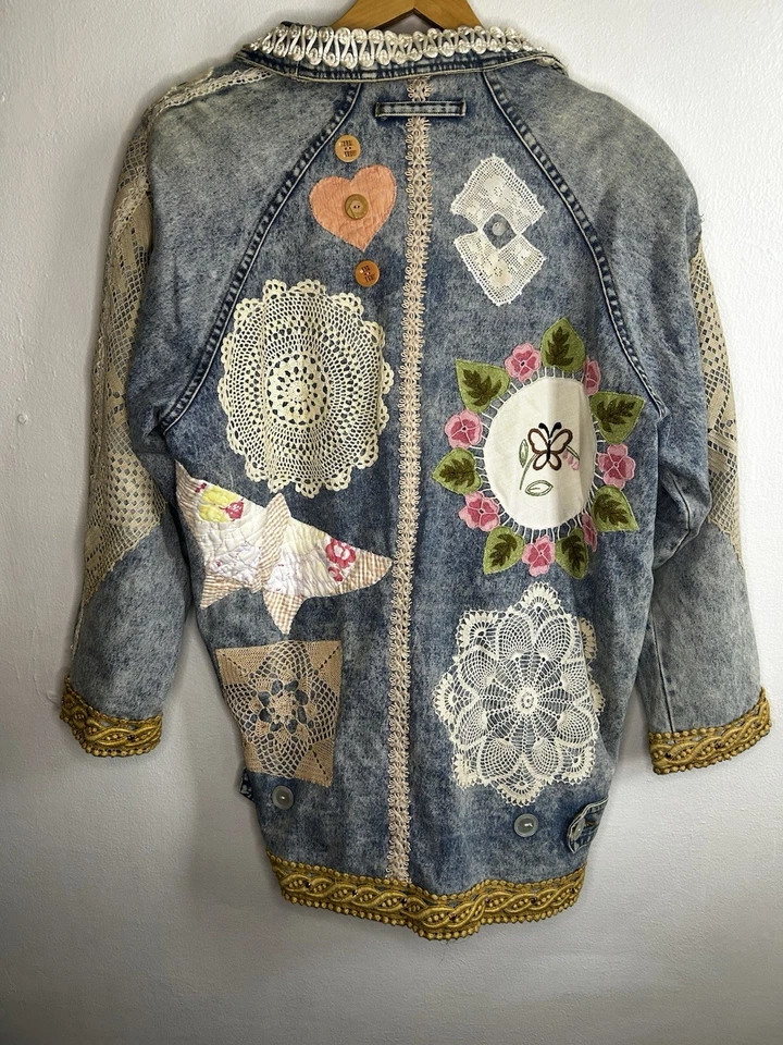 Abrigo parche vaquero de gran tamaño lavado con ácido boho vintage para mujer detalle loco talla M Foto 2 de 4
