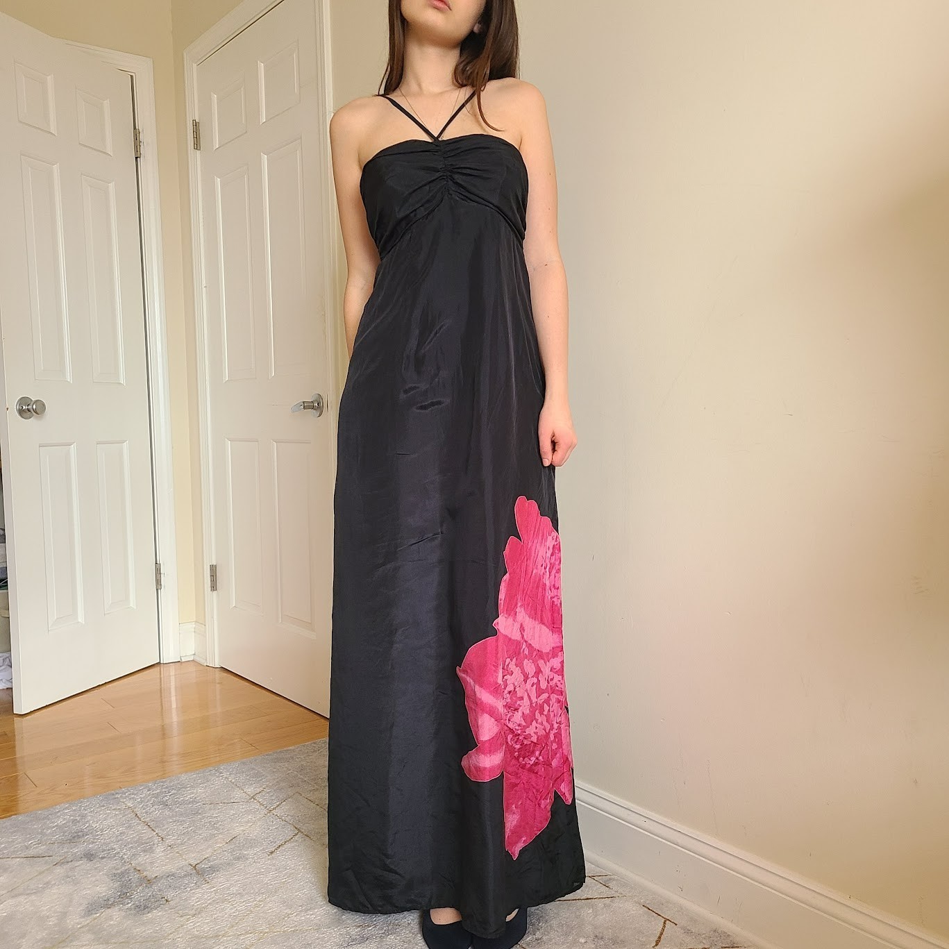 Black Maxi  100% Silk Dress Pink Floral Halter Empire Y2K Formal S Express