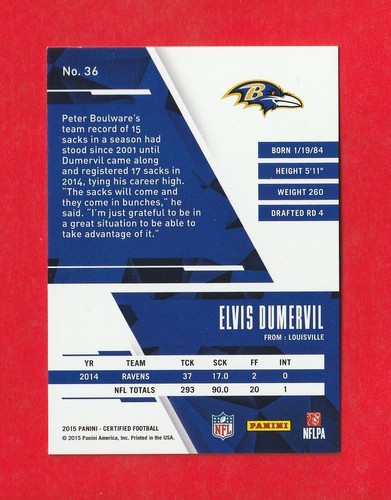 Espejo rojo certificado Panini 2015 Elvis Dumervil #d 10/99 Baltimore Ravens - Imagen 2 de 2
