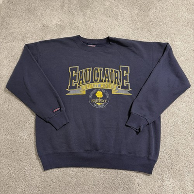 #ad Vintage University Wisconsin Eau Claire Sweatshirt Mens L Navy Blue Crewneck USA $39.99
