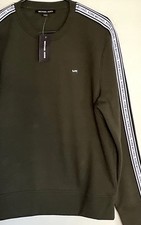  128 Michael Kors Olive Logo Striped Trim Crewneck Pullover Sweatshirt women's S
