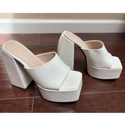 White Chunky Platform Mule Heel Square Toe Block Slide Sandal NIB Women Sz 6.5 7