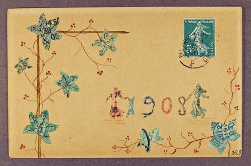 1908 French Stamp Collage Postcard Art Nouveau + 5c Semeuse Used Stamp