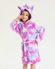 Girls Soft Unicorn Hooded Bathrobe Warm Fuzzy Fleece Robe Sleepwear Gifts