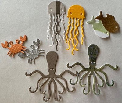 SMALL SEA ANIMAL Die-Cuts(8pc) Octopus Shell Ocean Jellyfish  Fish Crabs Sand 