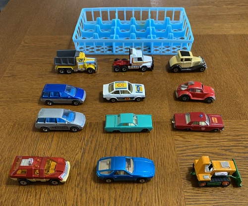 Lot of 12 Vintage Matchbox Cars In Blue Plastic Car Holder