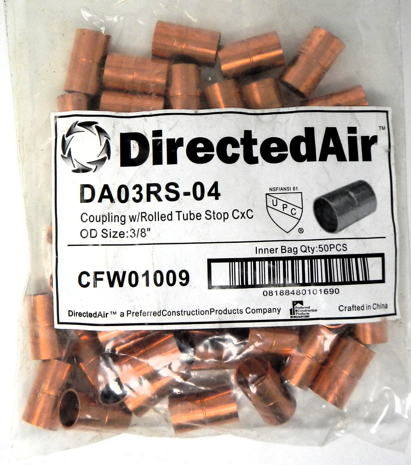 DirectedAir DA03RS-04 3/8in OD Copper Coupling with Rolled Tube Stop CxC 50pcs