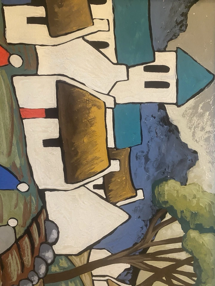 Markey Robinson-Figures before buildings, gouache on board, mounted and framed, - Image 4 of 4