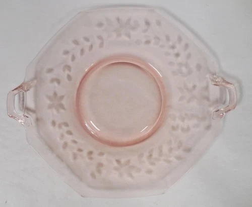 Pink Depression Glass Octagonal Handled 10.5" Serving Platter, Etched Flowers