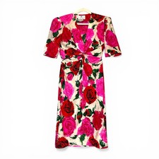 Flora Kung Midi Dress 8 Silk Vintage 80s Jacquard Rose Print Twist Waist