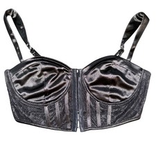 Black Satin Lace Bustier Corset Top Front Hook Eye Closure Wide Straps Vintage