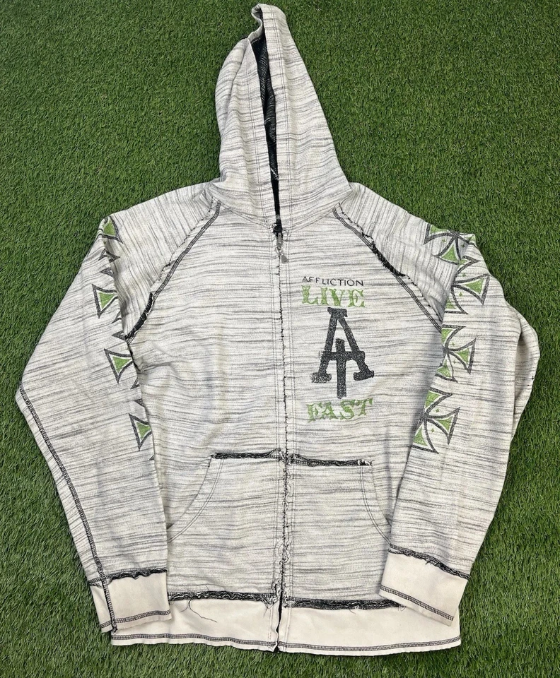 Affliction Reversible Hoodie Sz Large Skull Zip Up Sweater Y2K Vtg - Image 2 of 4