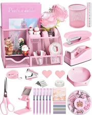Pink Desk Accessories, 24Pcs Pink Office Supplies and Desk Organizers, with T...
