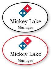 2 WHITE OVAL DOMINOS PERSONALIZED NAME BADGES SAFETY PIN BACK