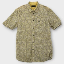 Diesel Shirt Mens Large Button Up Slim Fit Leaf Floral Print SS Cotton Yellow