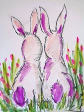 Original PAIR BUNNY RABBITS IN THE GARDEN  Watercolor  Painting  ART