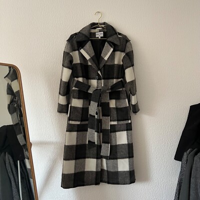 NA-KD Black White Monochrome Checked Oversized Belted Coat Size UK EU 34  UK