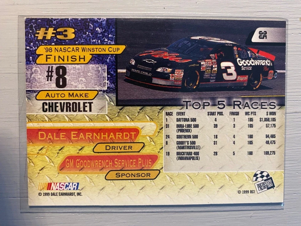 Dale Earnhardt "Service Plus" #35 - 1999 RCI Press Pass NASCAR Cards - Image 2 of 2