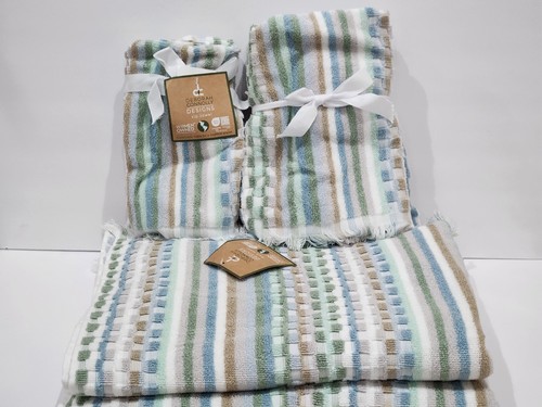 Deborah Connolly 6pc Fringed Striped Tan Green Bath Hand Fingertip Towels Set - Picture 2 of 7