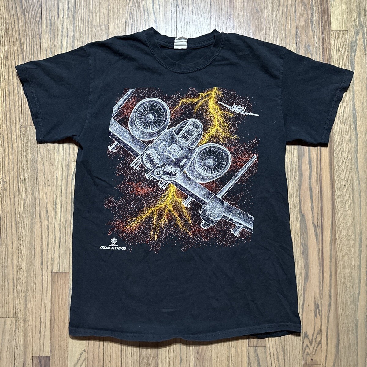 Vintage 1990s A10 Blackbird Double Sided Black Art Plane Men's T
