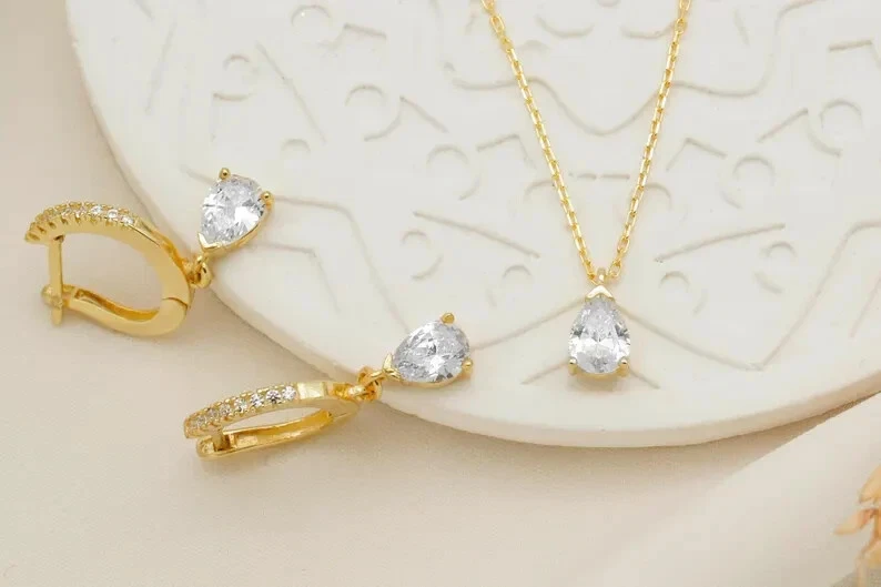 Conjuntos de collar y pendientes elegantes joyas regalo para esposa pera laboratorio diamante creado Foto 4 de 4