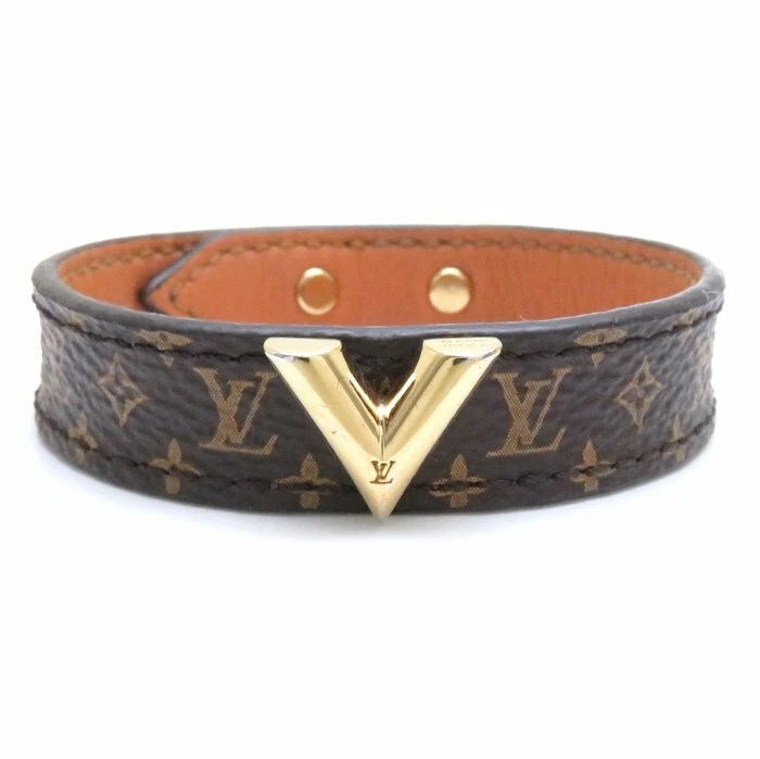 Super Louis Vuitton Essential Women'S Golden V Logo Brown Monogram Printed  Canvas Wide Bracelet M6042F