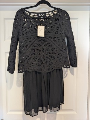 NWT JOIE JORDIE Black Silk Dress Crochet Jacket Overlay Size S $398