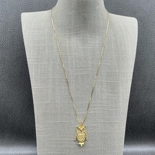 Gold Tone Owl Pendant Necklace Rhinestone Eyes Dangle Arms Herringbone Chain