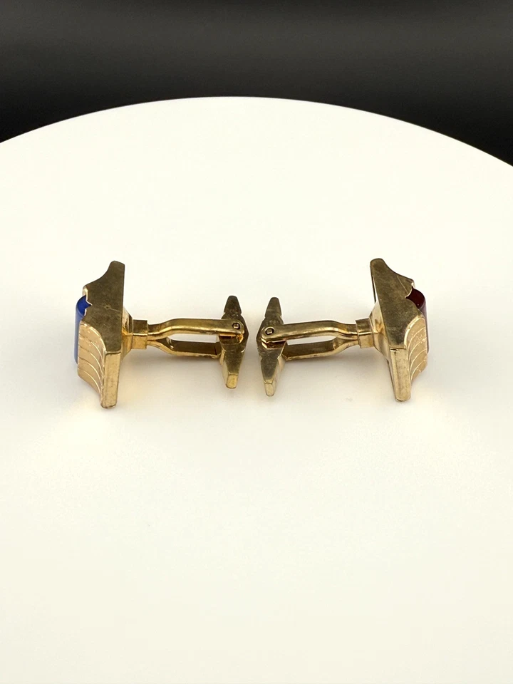 Gemelos Kreisler vintage años 40 rojo azul vidrio cabujones mediados de siglo modernos Foto 3 de 4