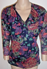 Chaps Denim Top Floral Print  3/4 Sleeve Multicolor Mesh Ruffled V-Neck Size M/M